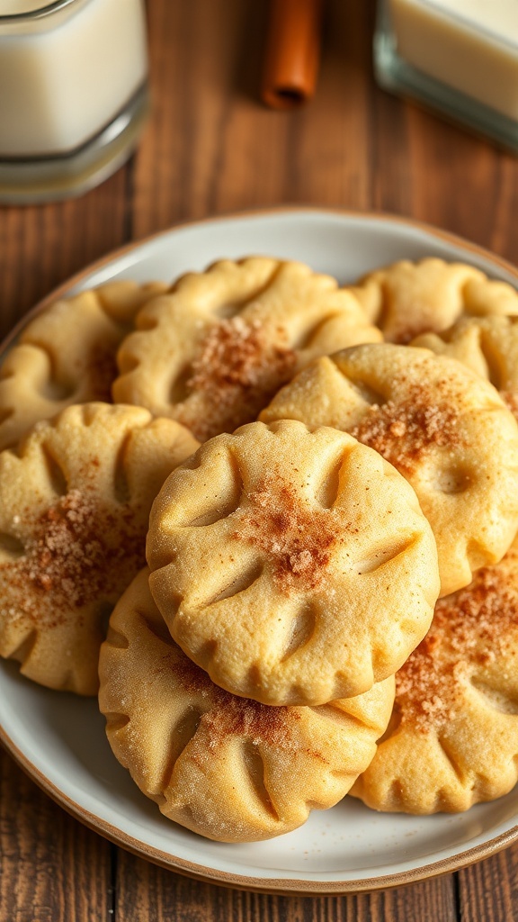 Classic Sugar Doodle Cookies Recipe A plate of soft sugar doodle cookies coated in cinnamon sugar, with a glass of milk on a wooden table.